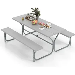 GOPLUS Picknicktisch Set, Campingtisch Biertisch für 6-8 Personen, Biertischgarnitur Outdoor inkl. 2 Bänke & 183cm lang Gartentisch mit 47mm Schi... - Grau