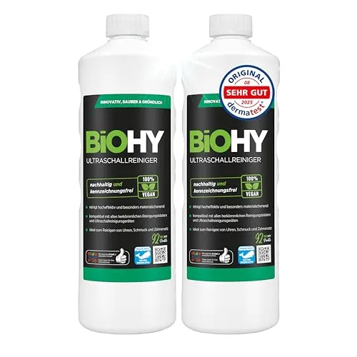 BiOHY Ultraschallreiniger (2 x 1 Liter) | Materialschonende Reinigung für Schmuck, Münzen und mehr - Effektiver Ultraschallreiniger für eine intensive und sanfte Reinigung von Uhren, Zahnersatz und Schmuck. Kompatibel mit gängigen Reinigungsgeräten und sorgt für strahlenden Glanz ohne aggressive Inhaltsstoffe.