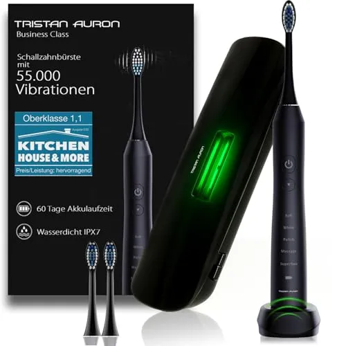 Tristan Auron Schallzahnbürste - Beste Reisezahnbürste 2025-100 Tage risikofrei testen - 55000 Elektrische Schwingungen 5 Programme 60 Tage Batterie mit UV Reiseetui 2 Aufsätze Business Class Schwarz