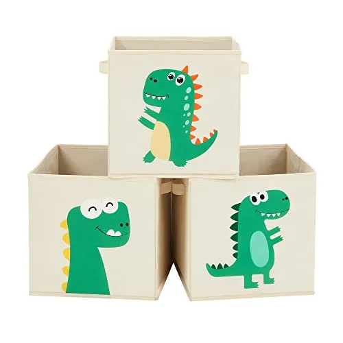 SONGMICS Aufbewahrungsbox, 3er Set, Aufbewahrungskorb, Spielzeugaufbewahrung, Stoffboxen, 30 x 30 x 30 cm, faltbar, mit Griffen, Schlafzimmer, Spielzimmer, Dinosaurier-Motive, beige RFB704W03
