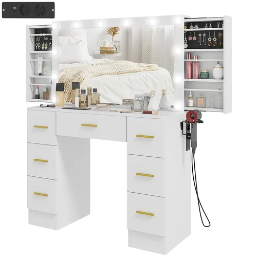 HOMCOM Schminktisch mit LED-Leuchten und Spiegel - Eleganter Schminktisch in Weiß mit 12 LED-Leuchten für perfektes Licht, 7 Schubladen und 6 versteckten Fächern für optimalen Stauraum – ideal für Ihr Schlafzimmer.
