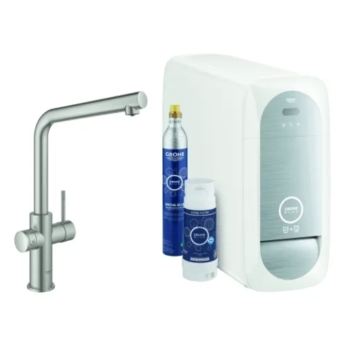 Grohe Blue Home Starterkit Spültischarmatur - Supersteel - Armaturen mit L-Auslauf, bietet sprudelndes Wasser auf Knopfdruck und sorgt für frischen Genuss in Ihrer Küche.