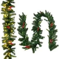 Costway Weihnachtsgirlande mit 100 Leds Warmweiß 270cm & Roten Beeren