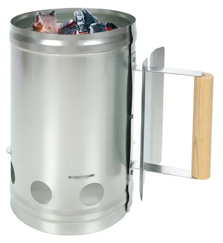 Kohleanzünder, Anzündkamin für Kohle oder Briketts für Grill oder Feuerkorb etc. aus verzinktem Stahlblech mit Hitzeschutz sowie hitzebeständigem Holzgriff