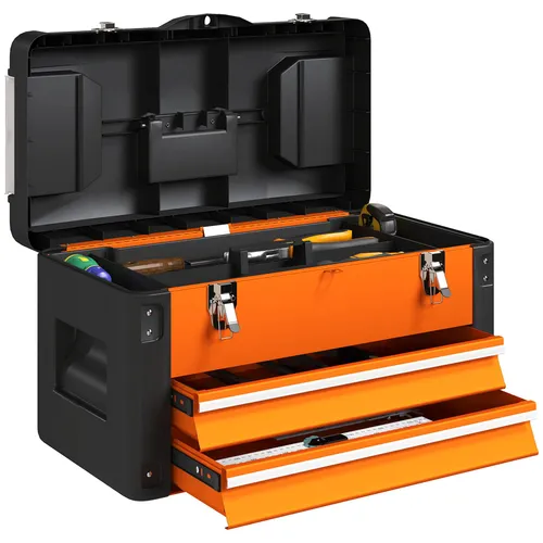 Werkzeugkiste leer mit Schublade, 49,7 x 25,3 x 28,9 cm – Mini-Box aus Stahl in Orange