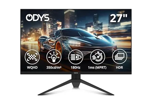 Odys i27-Q-180 27 Zoll WQHD Monitor - Monitore mit 180 Hz Bildwiederholrate, ideal für Gaming mit ruckelfreier Darstellung und hohem Kontrastverhältnis von 1000:1 für beeindruckende Detailvielfalt.