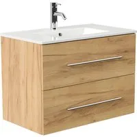 Posseik Badmöbel Homeline 80 Eiche Gold - Badmöbel-Set mit Waschtischunterschrank und Keramik Waschbecken, in täuschend echter Eiche Gold-Optik. Mit Softclose-System für sanftes Schließen der Schubladen.