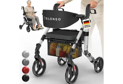 ELONEO Rollator 2in1 Rollator & Rollstuhl, Faltbar und Leicht, Outdoor-Gummireifen, mit Stiz & Netztasche