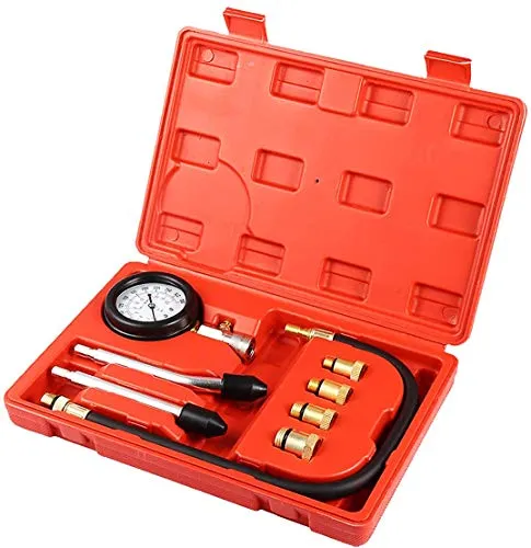Kompressionstester Kompressionsprüfer-Satz Kompressionsmesser Auto Motorrad Messgerät Test kit Testgerät 0-20 bar oder 0-300 psi Verdichtungsmesser inkl. Koffer (Kunststoff-Rot)