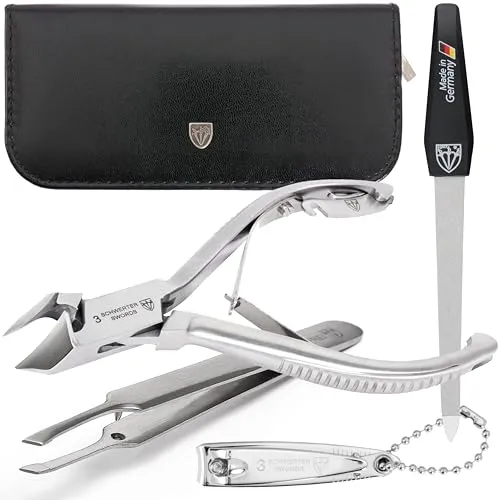 DREI SCHWERTER Pediküre Set 4-tlg. stabile Nagelzange Fußnagelzange Eckenzange Kopfschneider aus rostfreiem Edelstahl für Fußpflege, Markenqualität inkl. Feile, Pinzette, Knipser u. Etui (530)