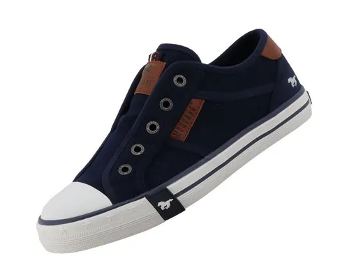 Mustang Damen Sneaker Baumwolle sportlich Slipper 26M0242004, Größe: 37 EU, Farbe: Blau - Sportlicher Mustang Slipper aus Baumwolle mit elastischem Gummizug für einfaches Hineinschlüpfen. Ideal für einen dynamischen Alltag, mit modischen Patches und ca. 2,6 cm Gummisohle.