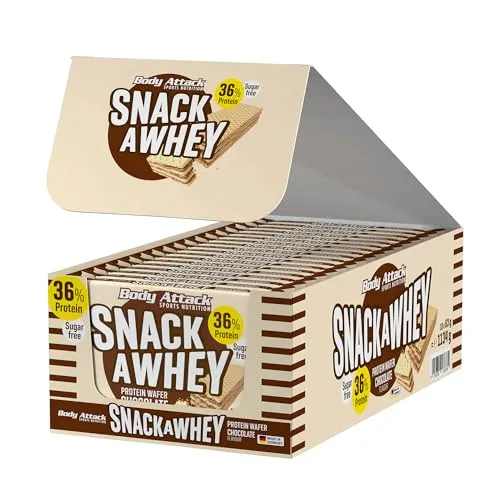 BODY ATTACK SNACK A WHEY - Protein Wafer mit 36% Protein - Molkenproteine - Leckere Schoko Knusperwaffeln mit nur 0,1 g Zucker pro Waffel, ideal für den proteinreichen Snack zwischendurch, Made in Germany.