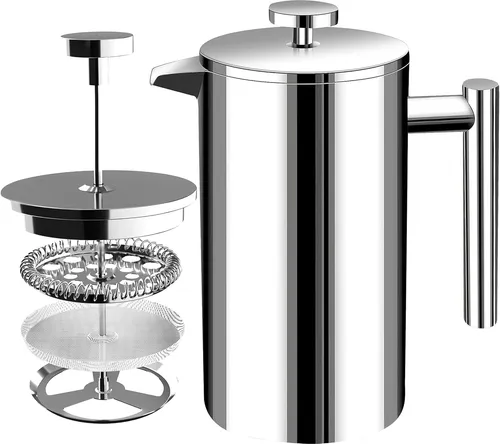 KICHLY Cafetiere 8 Tassen Edelstahl French Press - Kaffeepresse aus hochwertigem Edelstahl mit 3-stufigem Filtersystem, doppelwandiger Isolierung für langanhaltende Wärme und ideal für bis zu 8 Tassen Kaffee.