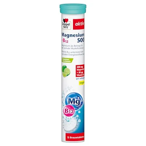 Doppelherz Magnesium 500 + B12 - mit Magnesium & Vitamin B12 zur Unterstützung der normalen Muskelfunktion - vegan - 15 Brausetabletten mit Limetten-Geschmack