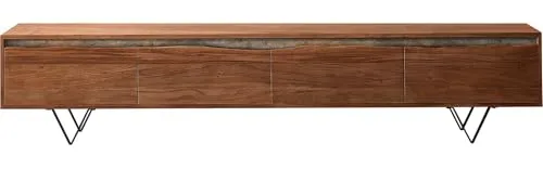 DELIFE Lowboard Stonegrace 220 cm aus Akazie mit Baumkante - Elegantes Lowboard aus massivem Akazienholz in Braun mit einzigartiger Baumkante. Bietet hinter 4 Türen großzügigen Stauraum und bringt mit V-förmigen, schwarzen Füßen Leichtigkeit in Ihr Wohnzimmer.