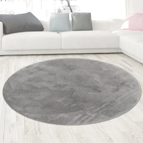 CARPETIA Teppich Wohn- und Schlafbereich Moderner Kurzflorteppich Felloptik samtweich angenehm mit leichtem Glanz pflegeleicht modern einfarbig anthrazit 200 cm rund