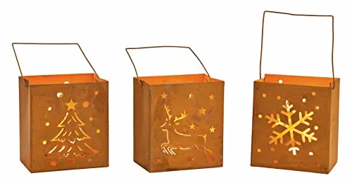 Spetebo Metall Windlicht Weihnachten 3er Set - 10 x 9 cm - Winter Deko Tischlaterne in Rost Optik - Tisch Laterne Teelicht Kerzen Halter mit Lichtspiel Advent Stimmungslicht