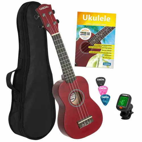 CASCHA HH 3970 Multilingual Sopran Ukulele Set rot - Ukulele Set in lebhaftem Rot, ideal für Einsteiger und mehrsprachige Musikliebhaber, inklusive Zubehör für den perfekten Start.