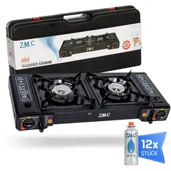 ZMC Gaskocher Doppel Campingkocher 2 Flammig mit Piezo-Zündung - Campingkocher für Outdoor-Abenteuer, 2 Brenner mit 2,3KW Leistung und praktischem Tragkoffer, ideal für Camping und Grillen im Freien.