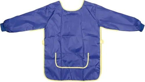 Idena 611183 - Bastelschürze für Kinder, Größe S von 5-6 Jahren, Malkittel in Blau mit langen Ärmeln, wasserabweisend, Kinderschürze mit Gummibund und Klettverschluss