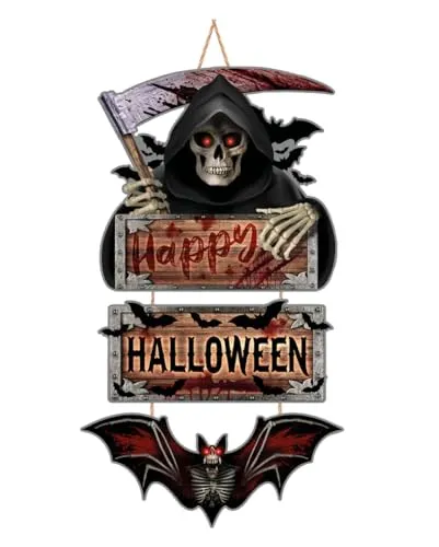 Horror-Shop Happy Halloween Reaper & Fledermaus Holzschild 60cm
