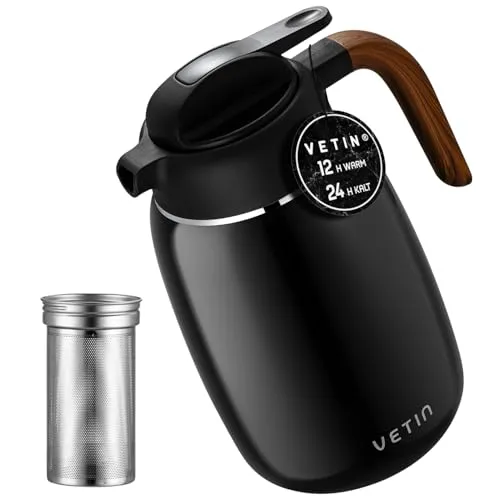 VETIN Thermoskanne mit Teesieb 1,5l, Isolierkanne aus Doppelwandige 304 Edelstahl, Teekanne Thermo mit Siebeinsatz, Kaffeekanne Thermo 12h Hitze/24h Kält (Schwarz)