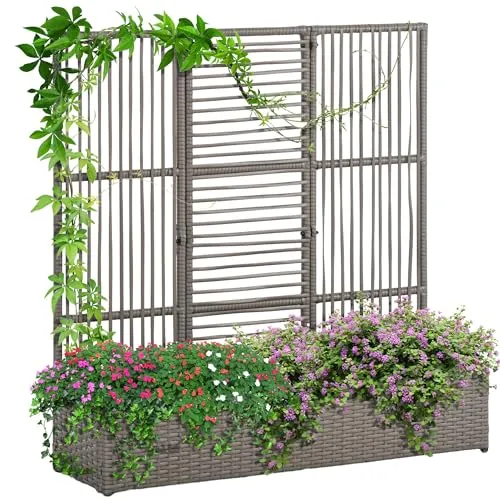 Polyrattan Hochbeet mit Rankgitter - Blumenkasten für Garten und Balkon in Grau - Rechteckiges Hochbeet mit Rankgitter aus PE-Rattan und Stahl. Ideal für Blumen, Kletterpflanzen und Kräuter. Robust, wetterfest und perfekt für den Außenbereich.