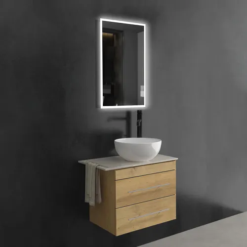 Alpenberger Badmöbel-Set mit Waschbecken und Unterschrank 60 cm Eiche Natur - Platzsparendes Badmöbel-Set für Gäste-WCs und kleine Badezimmer. Der elegante Waschtisch mit Keramikaufsatz und praktischen Schubladen bietet modernen Stauraum und hygienische Pflege dank Nano-Beschichtung.