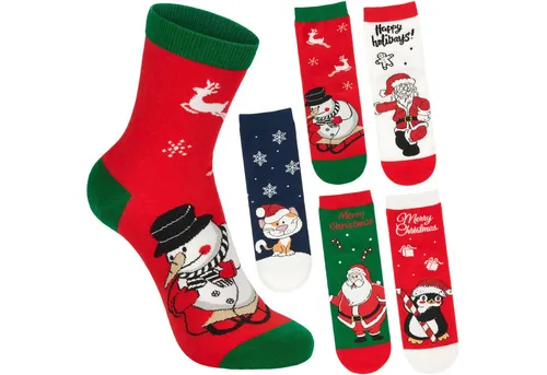 BRUBAKER Socken Damen Weihnachtssocken - Weihnachtsmann, Katze, Pinguin & Schneemann (Bunte Baumwollsocken für Frauen - Geschenkset, 5-Paar, Kuschelsocken mit humorvollen Sockenmotiven) Lustige Damensocken für Weihnachten & Nikolaus