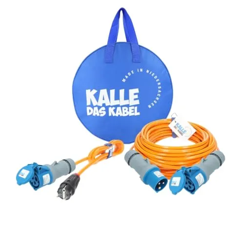 KALLE DAS KABEL Camping Starter Set Polyurethan Campingkabel 25 m Campingkabel Standard + Adapterkabel (H07BQ-F 3G 2,5 mm² Orange Polyurethan-Verlängerung)