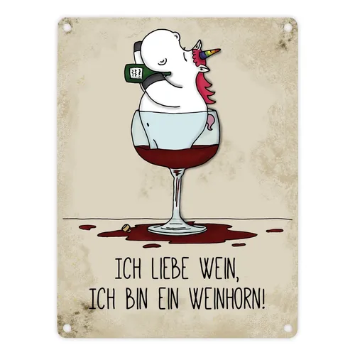 Honeycorns Metallschild mit Einhorn Motiv und Spruch: Ich bin ein Weinhorn!