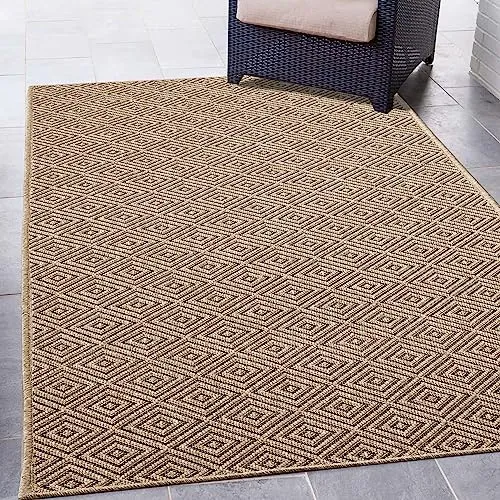 CARPETIA robuster Outdoorteppich Rautenmuster beige/schwarz - Vielseitiger In- und Outdoor-Teppich mit modernem Rautenmuster. Robust und langlebig, ideal für stark frequentierte Bereiche. UV-beständig und pflegeleicht für stilvolle Akzente in Ihrem Zuhause.