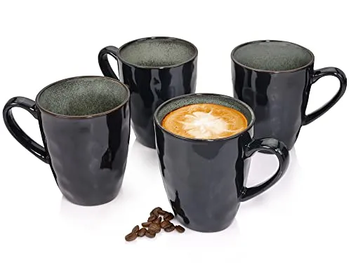 Sänger Kaffeetassen Set Kopenhagen 4 tlg - Thermobehälter aus hochwertigem Steingut, handgefertigt und stilvoll mit grauem und grünem Design, ideal für Kaffee, Tee & Kakao, platzsparend stapelbar.