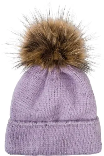 styleBREAKER Damen Strick Bommelmütze mit Pailletten - Strickmütze für Damen mit Kunstfellbommel und Thermo-Fleece Futter, bietet optimalen Tragekomfort und Wärme bei kalten Temperaturen, ideal für den Winter.