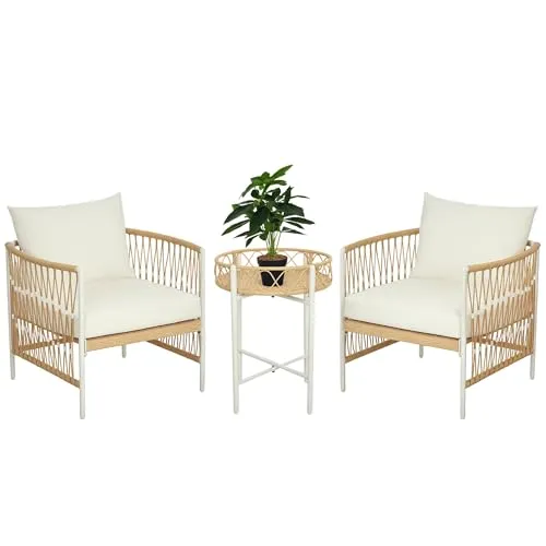 Outsunny Gartenmöbel-Set - Elegantes Rattan Bistro-Set in Gelb - Gartenmöbel-Set mit zwei stilvollen PE-Rattanstühlen und einem Couchtisch. Genießen Sie den Komfort der dick gepolsterten Kissen und waschbaren Bezügen für mühelose Pflege.