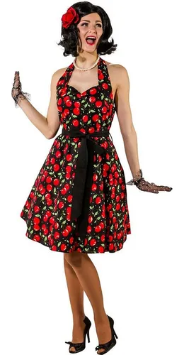 Karneval-Klamotten Kostüm 50er Jahre Damen Rock n Roll Kleid Kirsche, Rock and Roll Rockabilly Kleid Erwachsene rot schwarz Damenkostüm