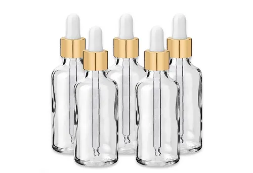 CK Verpackung GmbH Pipettenflasche x5 Glasflasche klar 50 ml mit goldener Aluminiumpipette leer für Öl