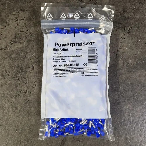 Stück Aderendhülsen isoliert blau 2,5 mm² Aderendhülse Länge 15mm 500