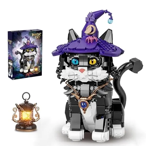 CIJINAY Magic Cat Bausteinset – 1128 Klemmbausteine – Detailverliebtes Modell für Erwachsene & 16+ Teens – Kunstvolle Hexenkatze mit Zauberhut & Edelsteinkette (7047)