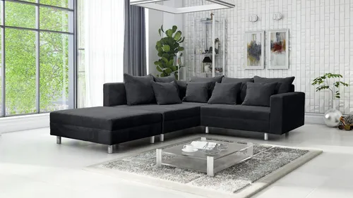 Eckcouch Minsk - Sofa Wohnlandschaft mit Hocker in Graphite - Moderne Eckcouch aus Cordstoff mit hohem Sitzkomfort und variabler Nutzung durch passenden Hocker. Ideal zum Entspannen und für stilvolle Wohnzimmergestaltung.
