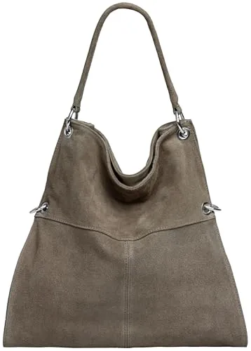 Caspar Vintage Leder Schultertasche Damen - Modell No.805 aus taupe Wildleder - Elegante Schultertasche aus weichem Wildleder im Vintage Stil. Geräumiges Hauptfach mit Sicherheitsfach für A4-Unterlagen. Vielseitig tragbar und ideal für jeden Anlass. Handgefertigt in Italien – Qualität, die überzeugt.
