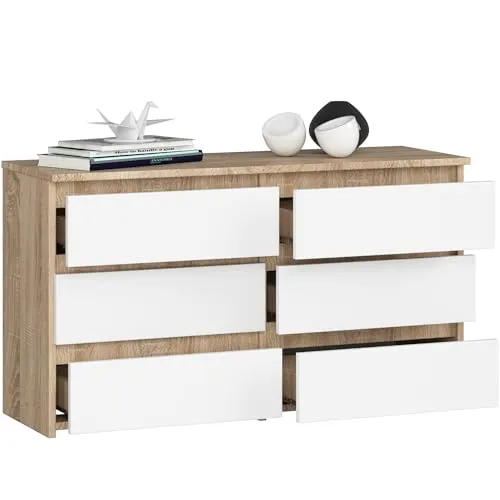 BDW - Kommode mit 6 Schubladen - 100 cm breit, 57 cm hoch - Schrank, Sideboard, Mehrzweck-, Schuhschrank, Schubladenkommode, Aktenschrank - Wohn-, Schlafzimmer, Flur - Eiche Sonoma/Weiss