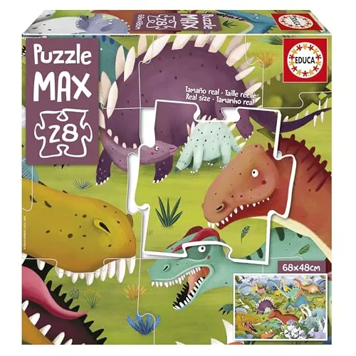 Educa - Puzzle Max | Puzzle für Kinder mit einem lustigen Bild von Dinosauriern. 28 große Teile, leicht zu verwalten und anzupassen. Ideal, um auf den Boden zu kommen. (19954)