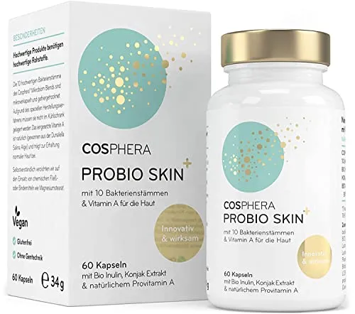 Probio Skin Kapseln - Hochdosiertes Probiotikum für gesunde Haut - Probiotika Lactobacillus, angereichert mit Bio Inulin und Vitamin A für eine optimale Hautgesundheit. 100% vegan und ohne Gentechnik.