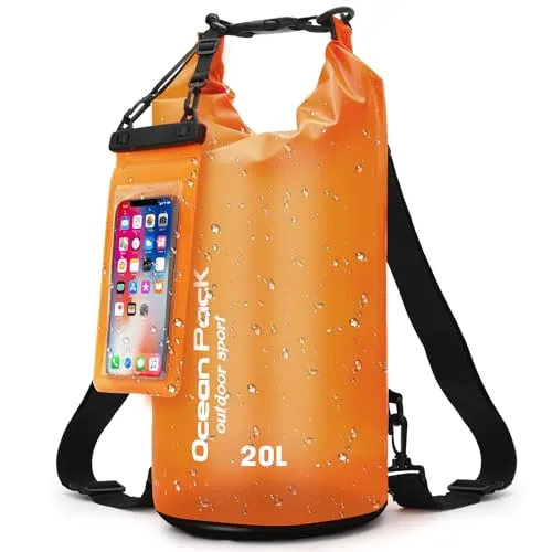Dry Bag mit Handy-Schutzbeutel & Trageriemen – Wasserdichte Tasche für Outdoor, Camping & Wassersport | 5L, 10L, 20L | Ultraleicht & Robust | Packsack Wasserdicht & Dry Bag Rucksack (Orange, 20 L)