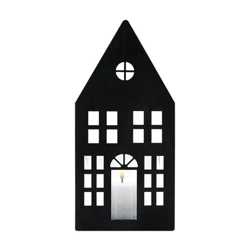 Metall Kerzenhalter Haus Silhouette grau - 28 x 12 cm - Schattenbild Windlicht mit Glaseinsatz - Weihnachtsdorf Skyline Tisch Deko Laterne für Weihnachten Advent Winter