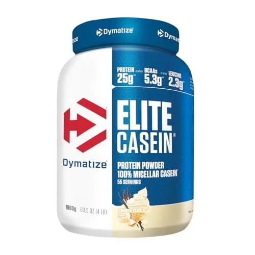 Dymatize Elite Casein Protein Pulver Smooth Vanilla 1800g – Hochwertiges Casein Eiweißpulver - Langsame Proteinversorgung für nachhaltigen Muskelaufbau – ideal vor dem Schlafen. 25 g Protein und 5,3 g BCAAs pro Portion für effektive Unterstützung der Muskulatur.
