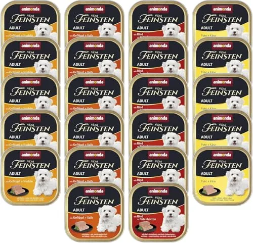 animonda Vom Feinsten Adult Feinschmecker Vielfalt (22 x 150 g) - Dosenfutter für Hunde ohne Getreide, mit feinen Pasteten in 4 köstlichen Sorten für wählerische Hunde. Ideal für ausgewachsene Hunde von 1 bis 6 Jahren.