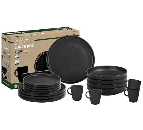 BRUNNER Melamin Geschirr-Set Camping | 16-teilig für bis zu 4 Personen - Hochwertiges Melamin-Geschirr-Set mit seidenglänzender Oberfläche. Ideal für Camping, Picknick oder Grillen. Leicht, bruchfest und spülmaschinenfest bei niedrigen Temperaturen. Rutschfest durch integrierten Gummi-Ring.