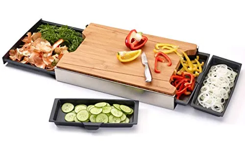 Schneidbox Bambus - Innovatives Schneidebrett mit Edelstahlkasten - Hackbretter mit patentiertem Trennsystem für müheloses Portionieren und Abfalltrennung. Ideal für Küche und BBQ, platzsparend und leicht tragbar.